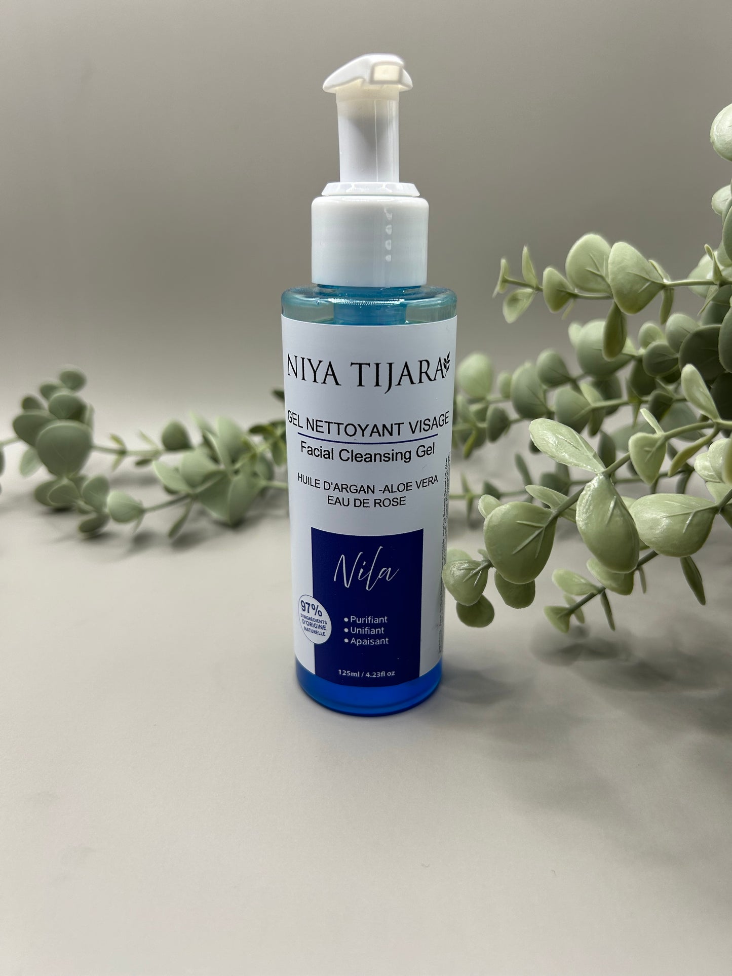 Gel Nettoyant Visage Purifiant & Unifiant – Nila, Argan, Aloe Vera & Eau de Rose | 125 ml